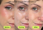 88% agreed removes SPF and makeup*. Photo shows 3 stages of cleansing, before during and after.
Based on a clinical study of 35 people.